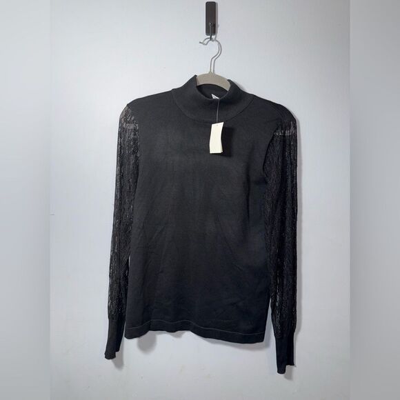 Carmen Marc Valvo Mock Turtleneck Black Women's Lace Long Sleeve Top Size S NWT - Picture 1 of 7
